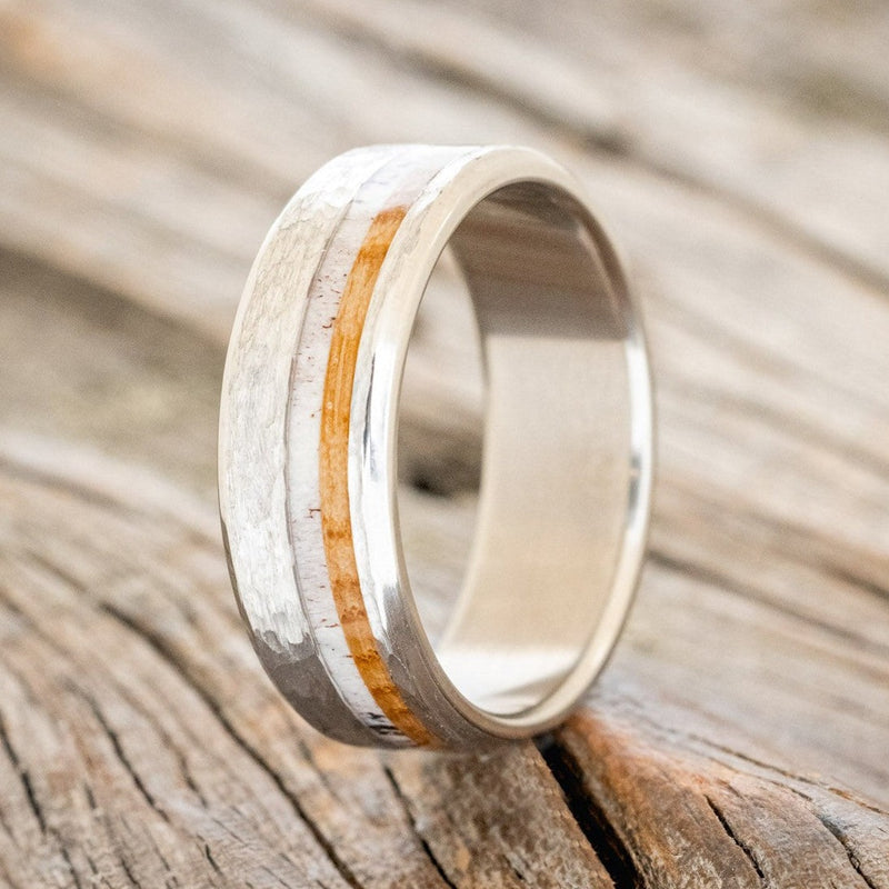 "CASTOR" - ANTLER & WHISKEY BARREL WEDDING RING FEATURING A HAMMERED BAND-1