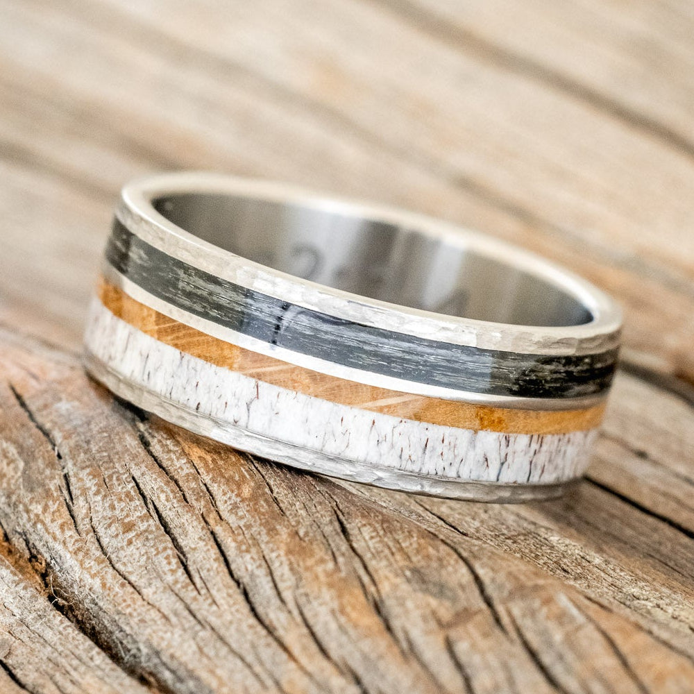 "ELEMENT" - FISHING LINE, ANTLER & WHISKEY BARREL WEDDING BAND IN A HAMMERED FINISH-2