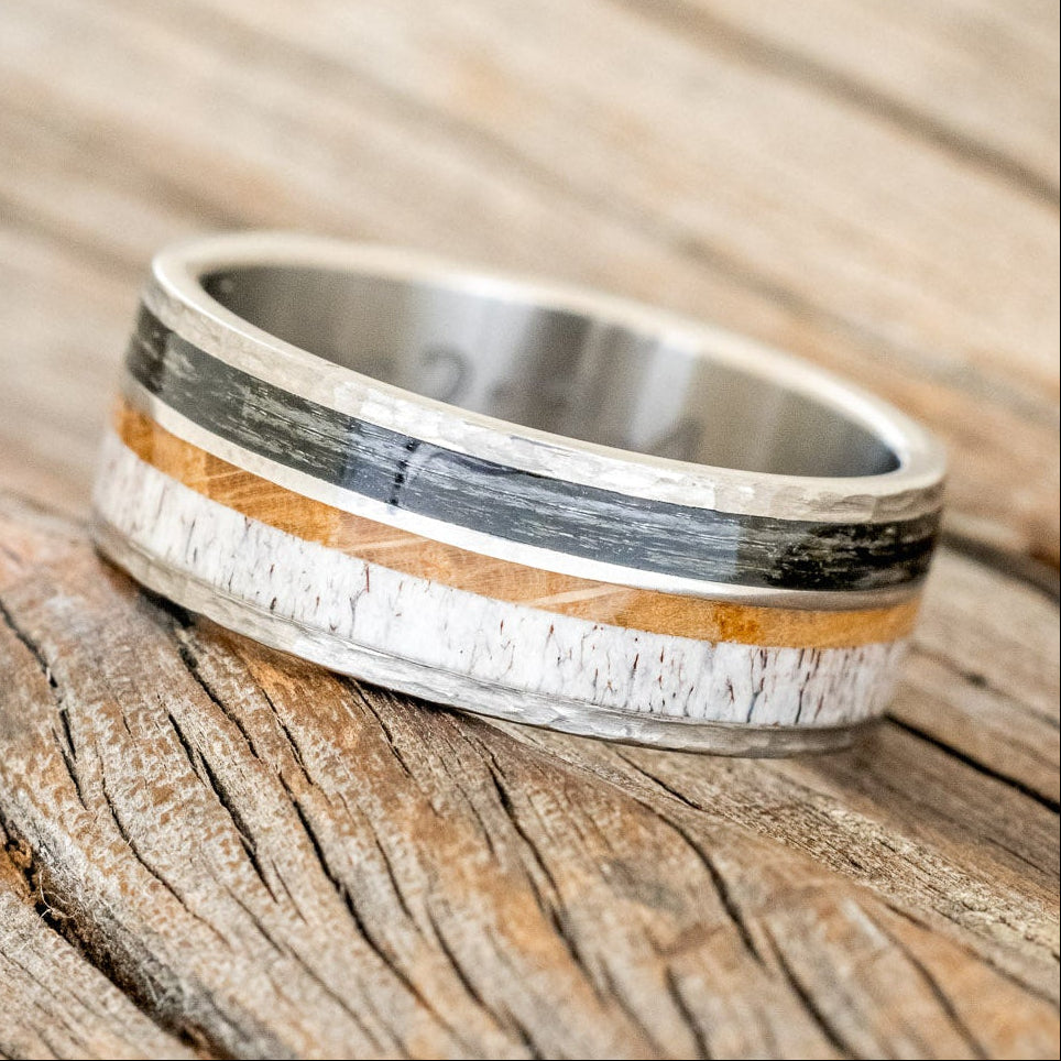 "ELEMENT" - FISHING LINE, ANTLER & WHISKEY BARREL WEDDING BAND IN A HAMMERED FINISH-2