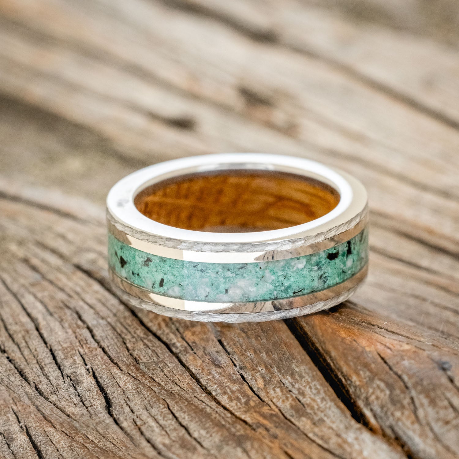 "HOLLIS" - MOONSTONE & MALACHITE MIX, 14K WHITE GOLD INLAYS WEDDING RING WITH WHISKEY BARREL LINING IN A HAMMERED FINISH-3