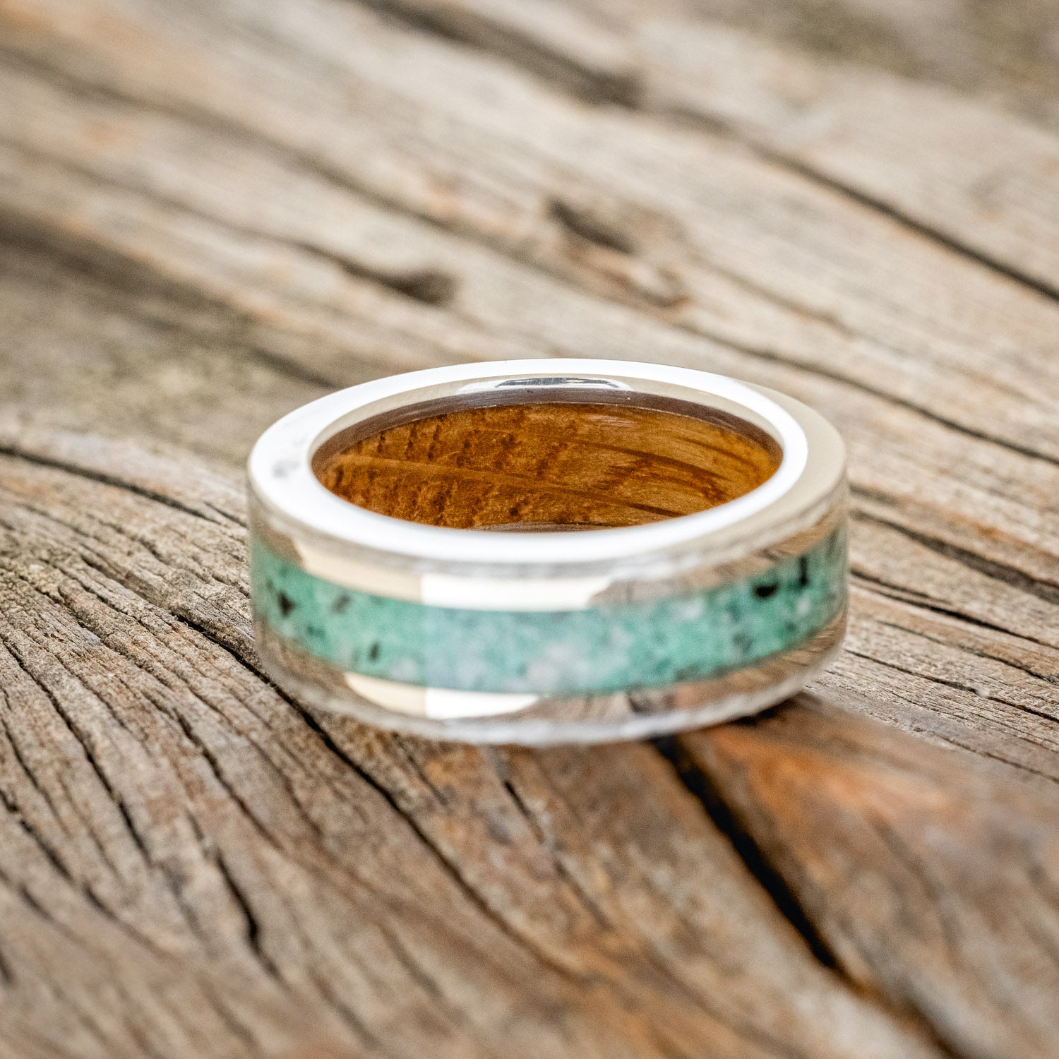 "HOLLIS" - MOONSTONE & MALACHITE MIX, 14K WHITE GOLD INLAYS WEDDING RING WITH WHISKEY BARREL LINING IN A HAMMERED FINISH-6