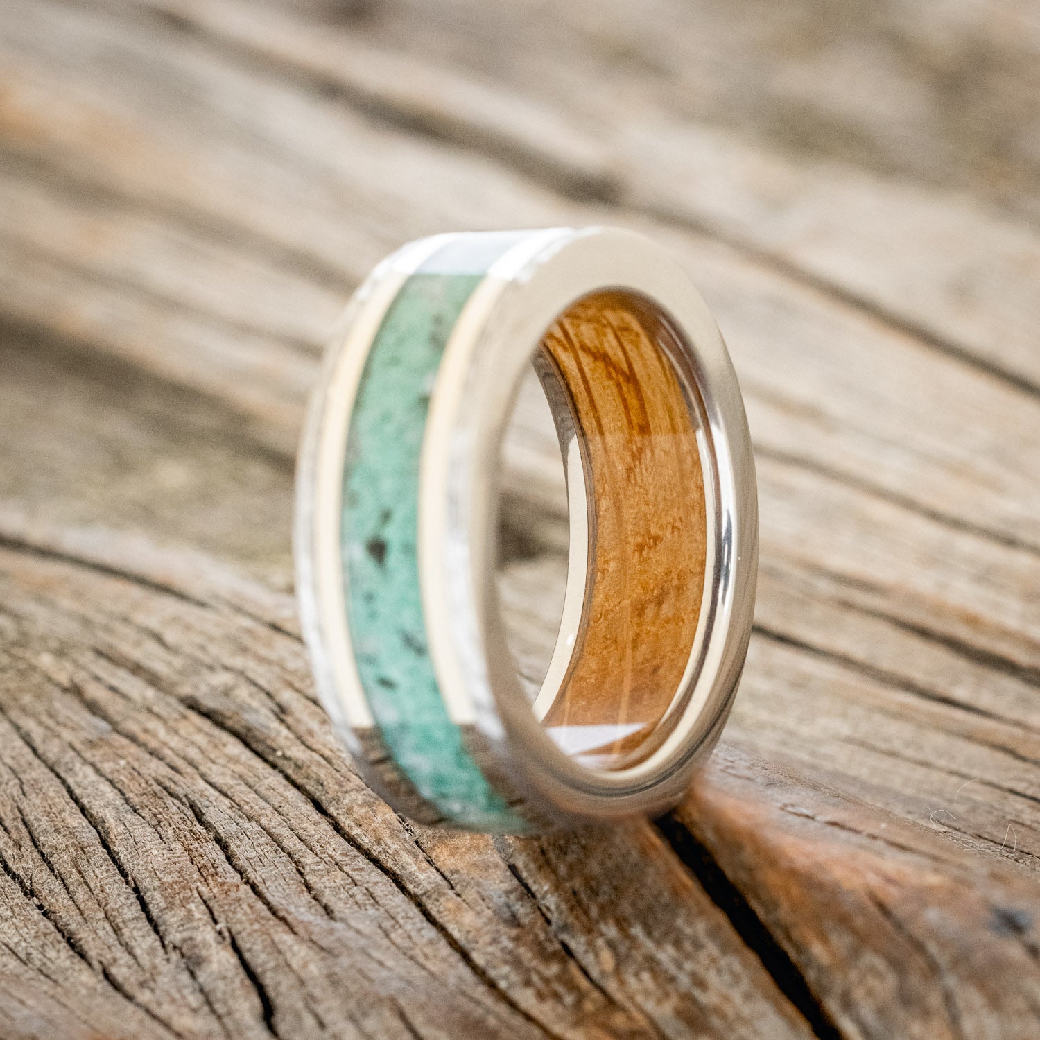 "HOLLIS" - MOONSTONE & MALACHITE MIX, 14K WHITE GOLD INLAYS WEDDING RING WITH WHISKEY BARREL LINING IN A HAMMERED FINISH-4