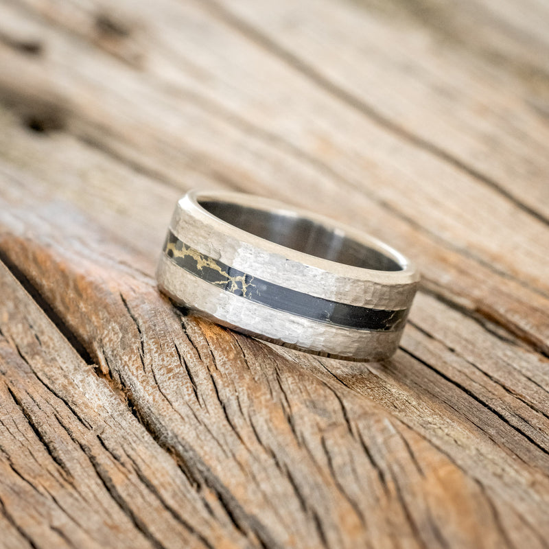 "NIRVANA" - CENTERED BLACK & GOLD MATRIX TRUSTONE INLAY WEDDING BAND WITH HAMMERED FINISH-2