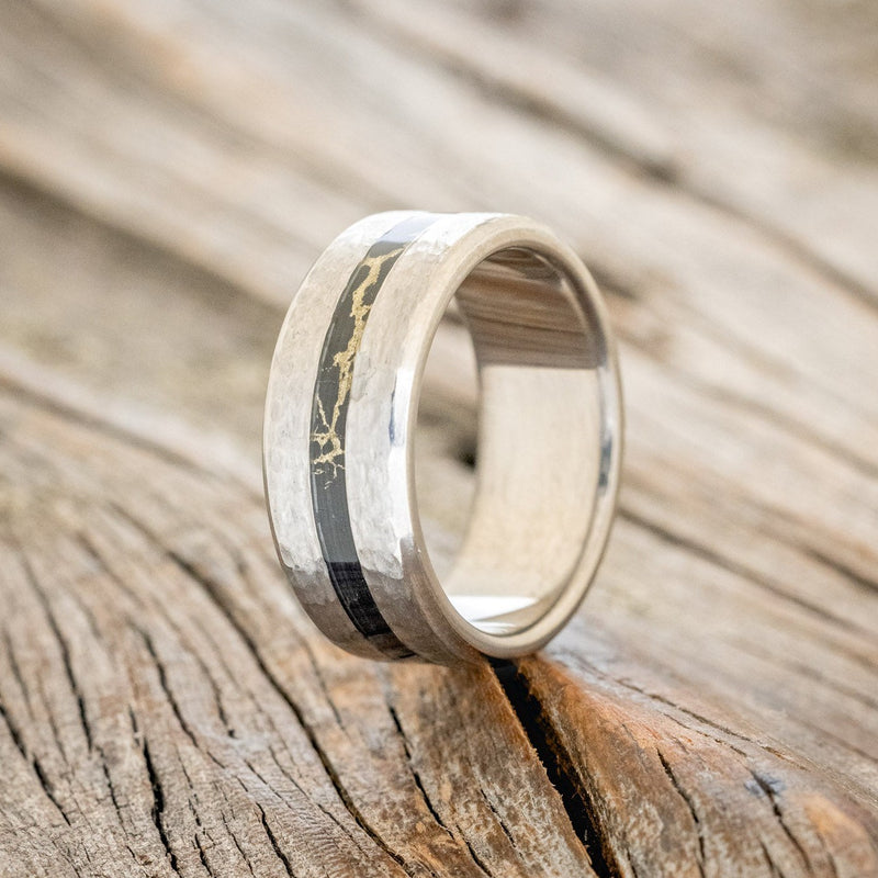 "NIRVANA" - CENTERED BLACK & GOLD MATRIX TRUSTONE INLAY WEDDING BAND WITH HAMMERED FINISH-1