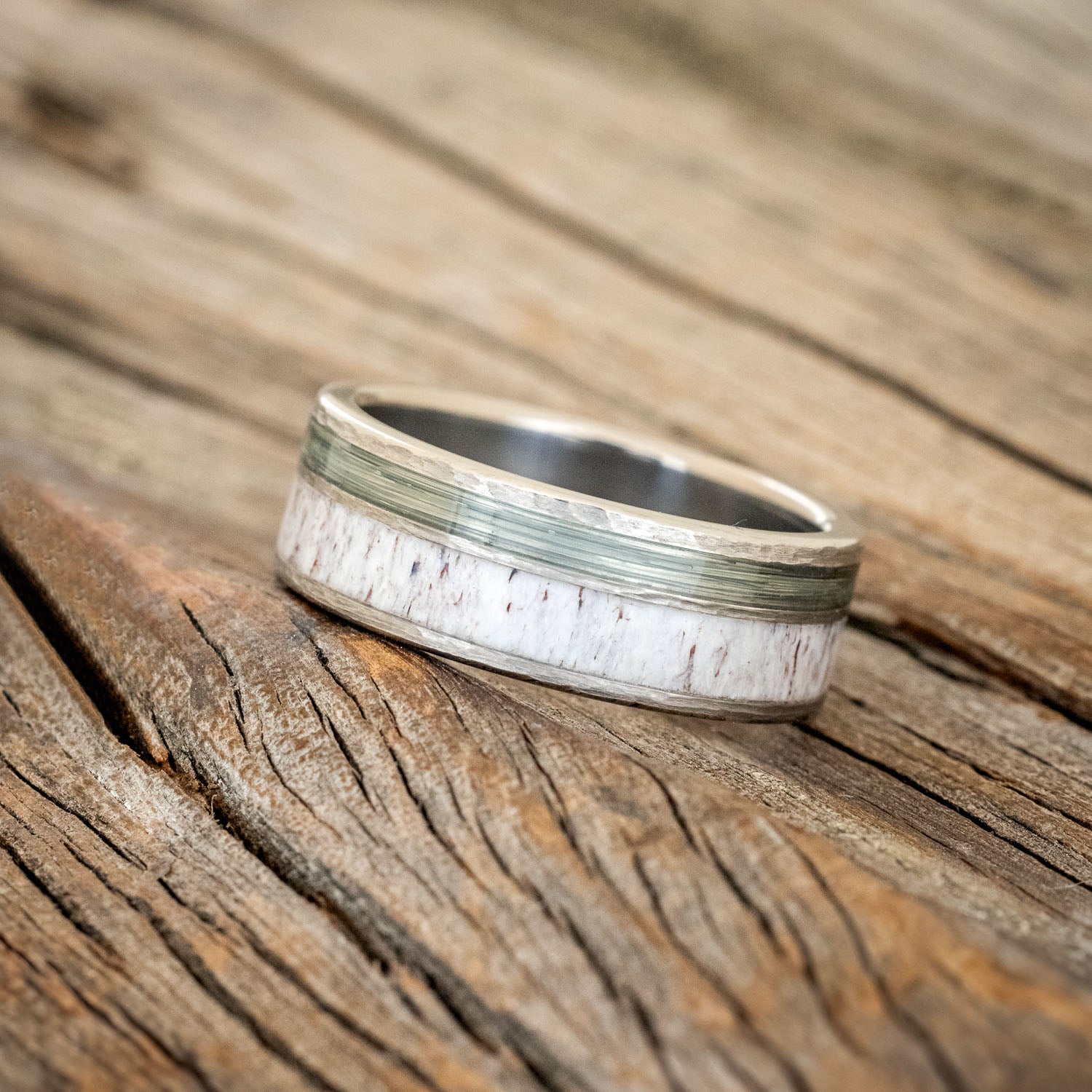 "RAPTOR" - ANTLER & FISHING LINE WEDDING RING FEATURING A HAMMERED BAND-2