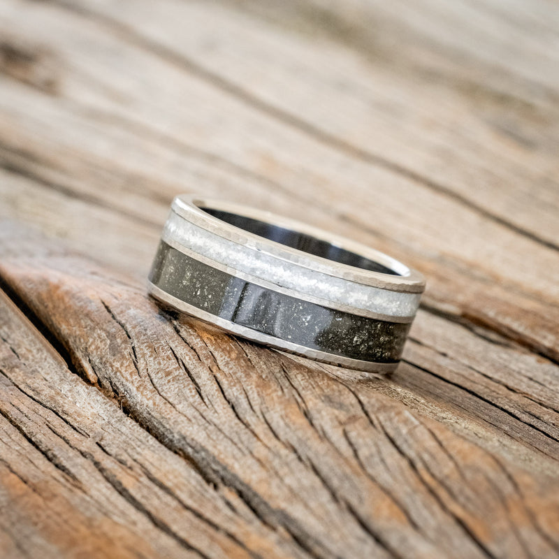 "RAPTOR" -DIAMOND DUST & PYRITE WOOD WEDDING BAND WITH A HAMMERED FINISH-2