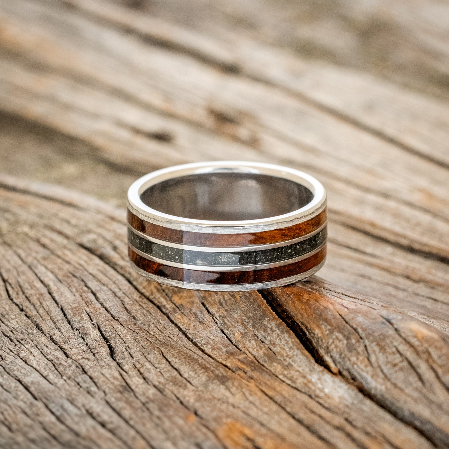 "RIO" - IRONWOOD & PYRITE INLAYS WEDDING BAND WITH HAMMERED EDGES-3
