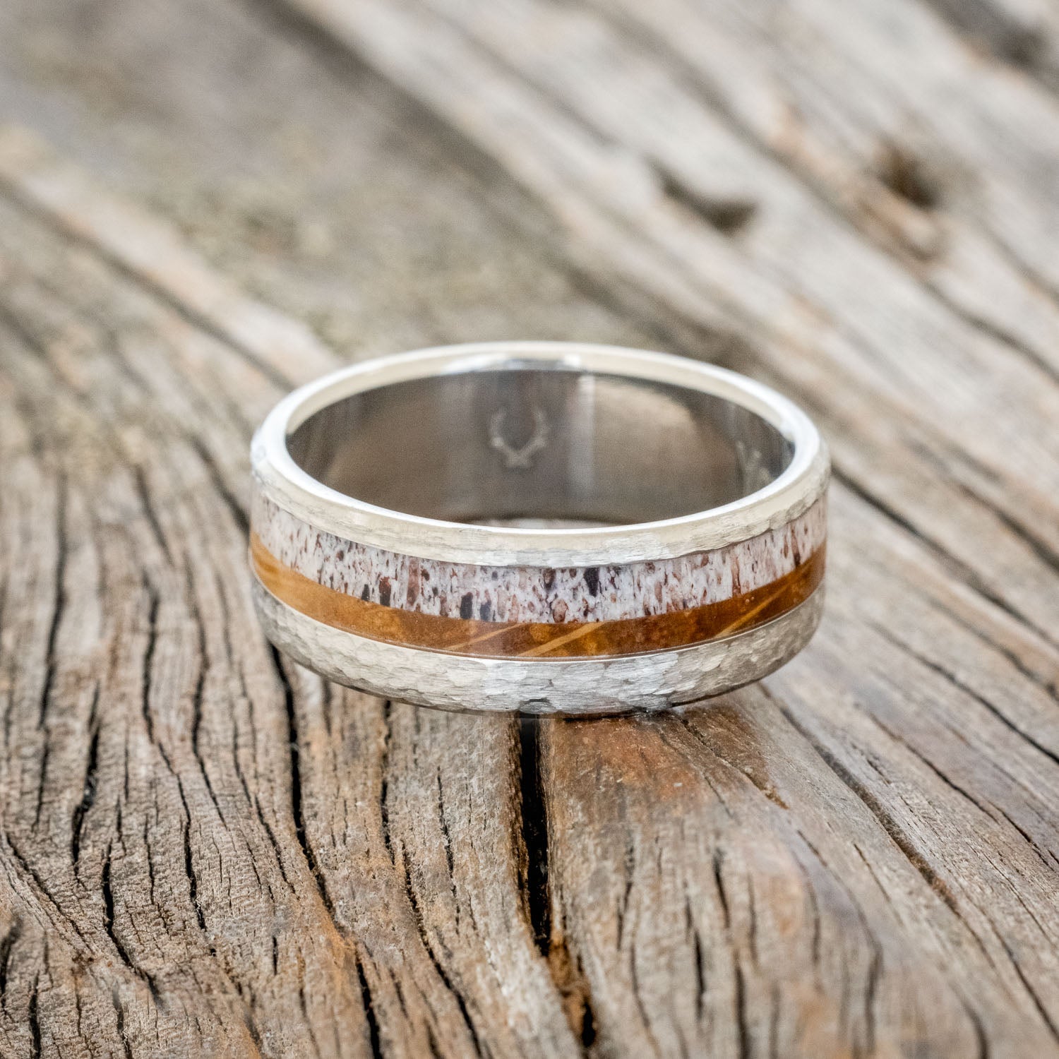 "TANNER" - WHISKEY BARREL OAK & ANTLER WEDDING BAND WITH A HAMMERED FINISH-3