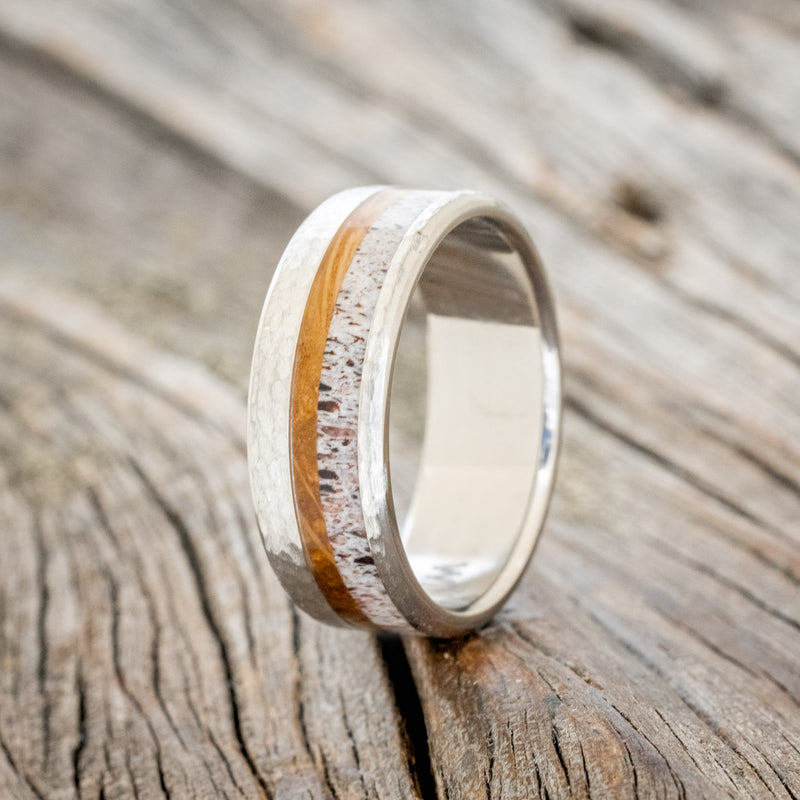 "TANNER" - WHISKEY BARREL OAK & ANTLER WEDDING RING - READY TO SHIP