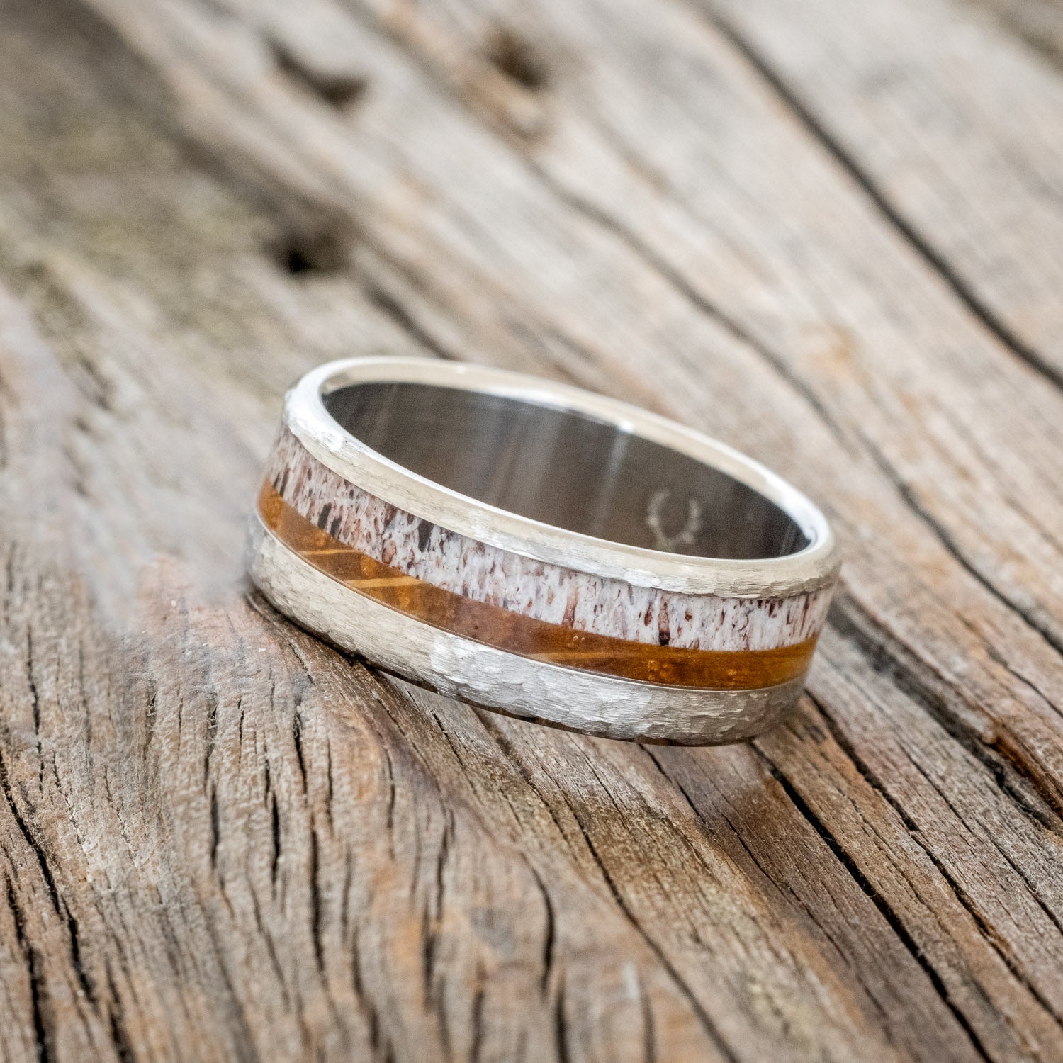 "TANNER" - WHISKEY BARREL OAK & ANTLER WEDDING RING - READY TO SHIP-Staghead Designs