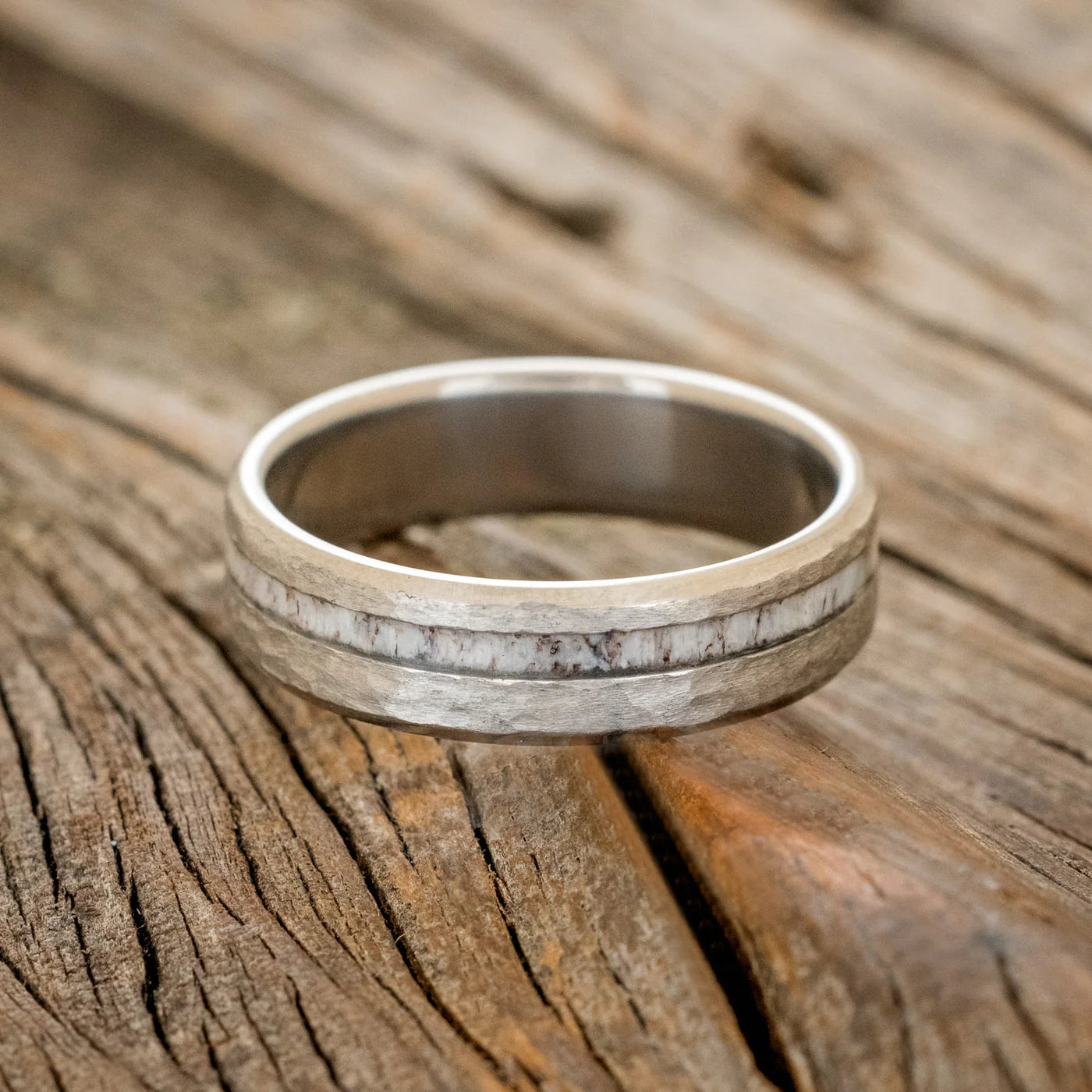 "VERTIGO" - ANTLER WEDDING RING FEATURING A HAMMERED FINISH - TITANIUM - SIZE 8 3/4-Staghead Designs
