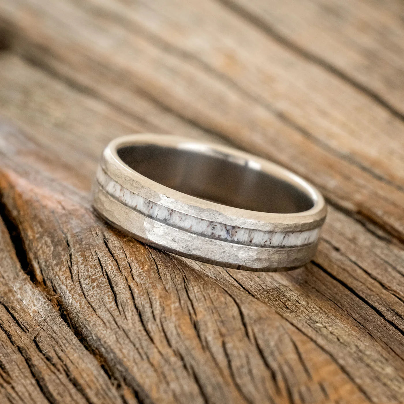 "VERTIGO" - ANTLER WEDDING RING FEATURING A HAMMERED FINISH - TITANIUM - SIZE 8 3/4-Staghead Designs