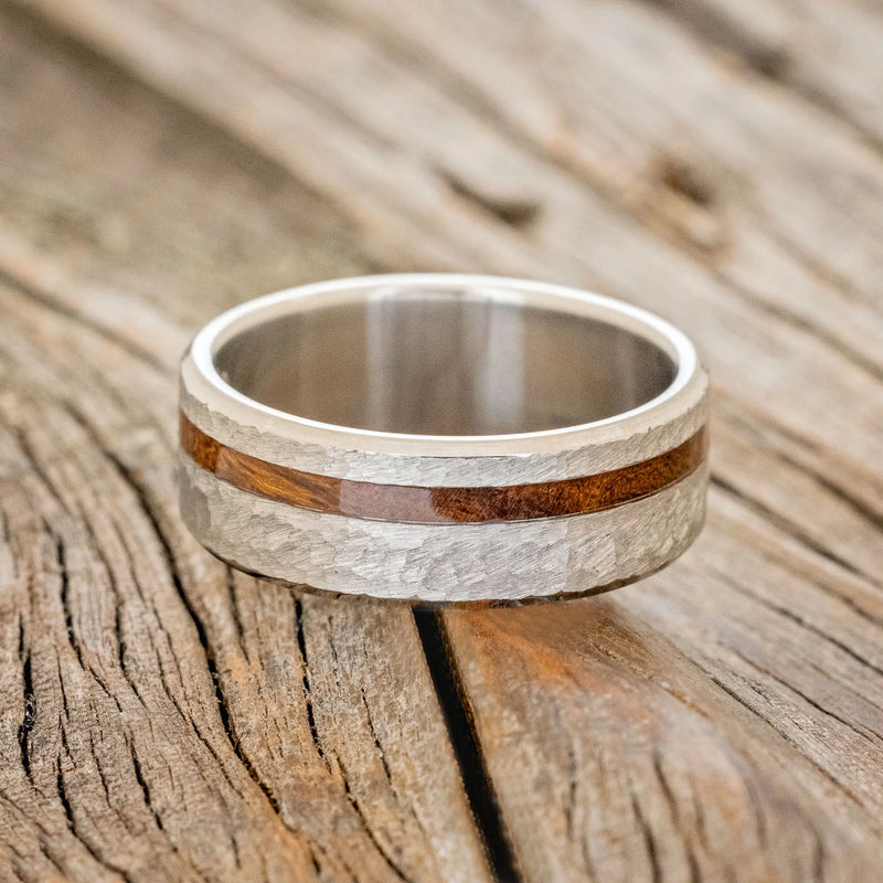 "VERTIGO" - IRONWOOD WEDDING BAND WITH HAMMERED FINISH - TITANIUM - SIZE 8-2