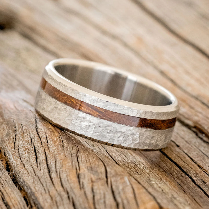 "VERTIGO" - IRONWOOD WEDDING BAND WITH HAMMERED FINISH - TITANIUM - SIZE 8-1