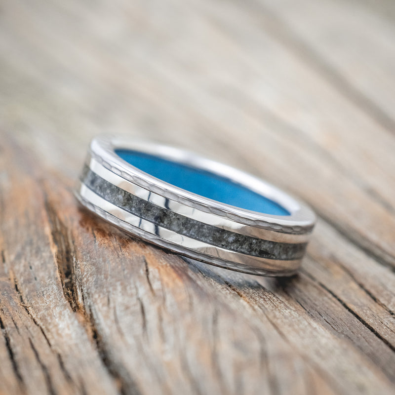 "HOLLIS" - MOONSTONE & 14K WHITE GOLD INLAYS WEDDING RING WITH TURQUOISE LINING FEATURING A HAMMERED BAND-Staghead Designs