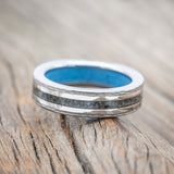 "HOLLIS" - MOONSTONE & 14K WHITE GOLD INLAYS WEDDING RING WITH TURQUOISE LINING FEATURING A HAMMERED BAND-Staghead Designs