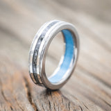 "HOLLIS" - MOONSTONE & 14K WHITE GOLD INLAYS WEDDING RING WITH TURQUOISE LINING FEATURING A HAMMERED BAND-Staghead Designs