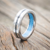 "HOLLIS" - MOONSTONE & 14K WHITE GOLD INLAYS WEDDING RING WITH TURQUOISE LINING FEATURING A HAMMERED BAND-Staghead Designs