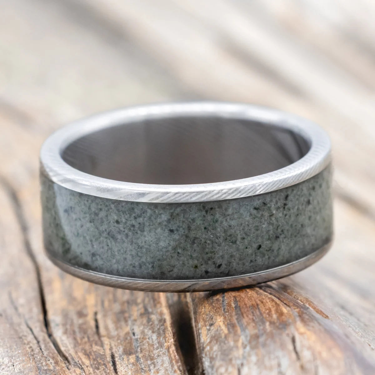 "Rainier" - Moss Agate Wedding Band - Damascus Steel (8 mm) - Size 8-Staghead Designs
