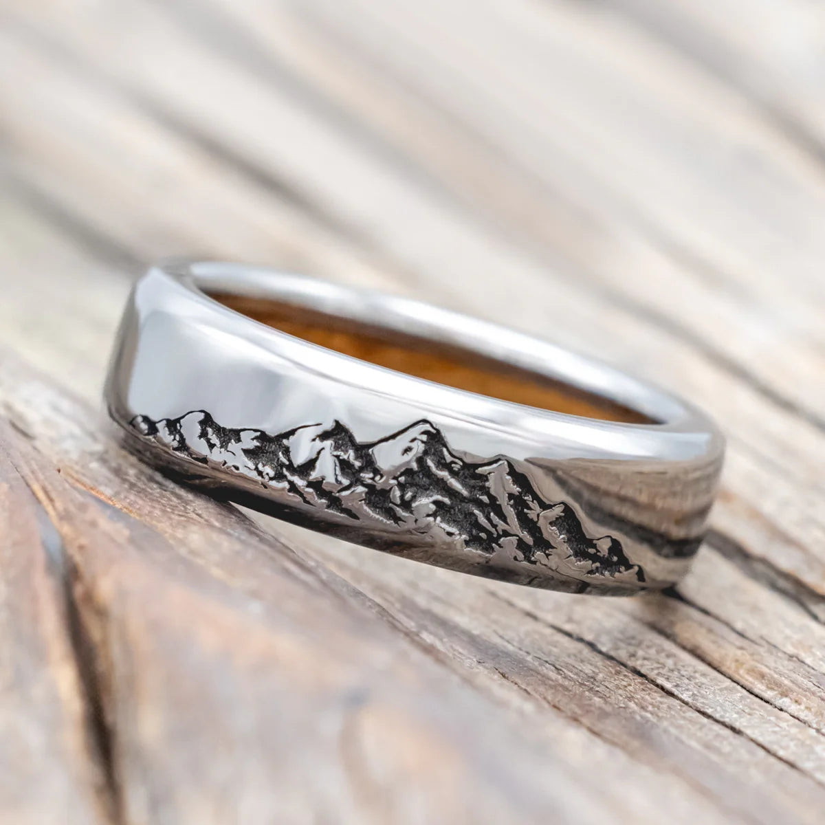 "Horizon" - Mountain Engraved Wedding Band with Whiskey Barrel Oak Lining - Titanium (6mm) - Size 6 1/2
