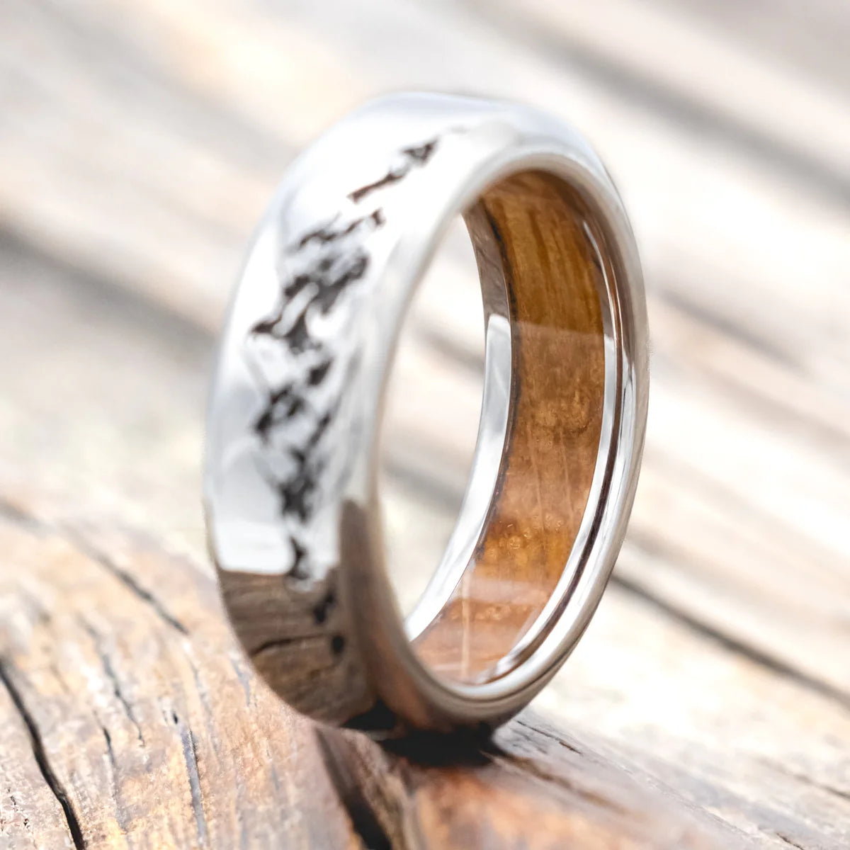 "Horizon" - Mountain Engraved Wedding Band with Whiskey Barrel Oak Lining - Titanium (6mm) - Size 6 1/2