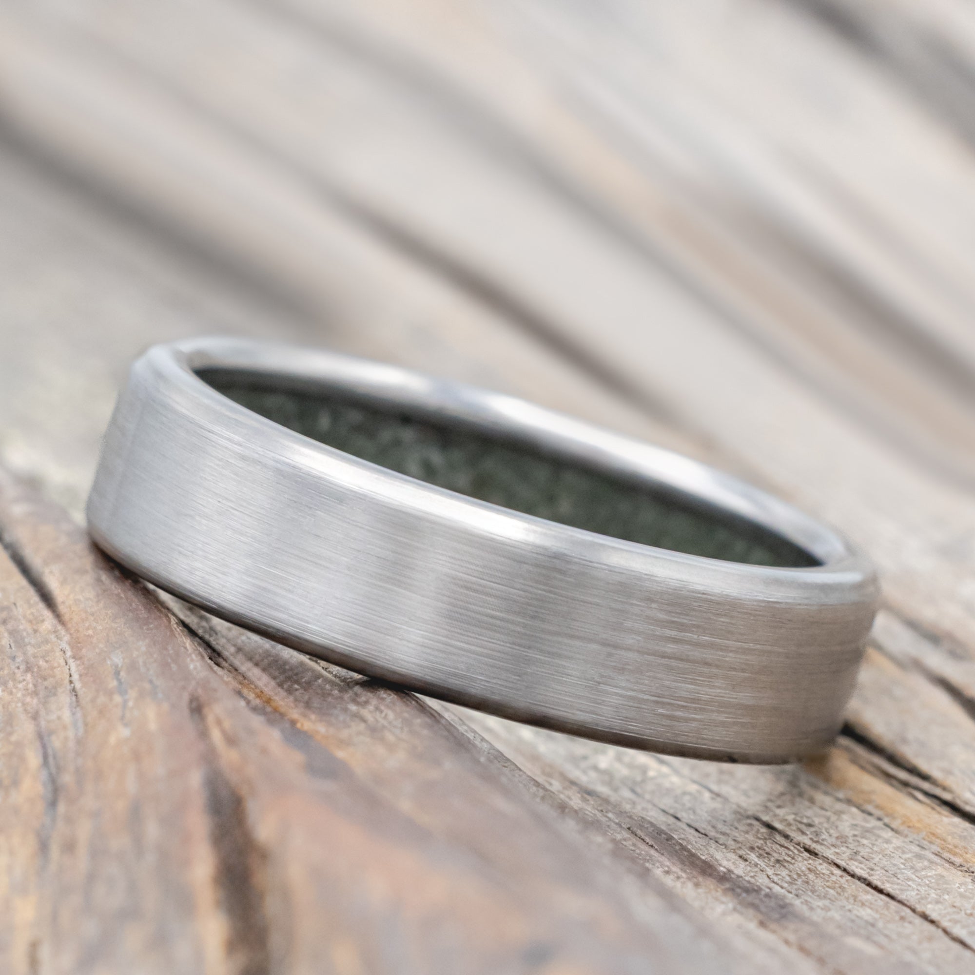 "Hyperion" - Crushed Moss Agate Lined Wedding Band With Custom Finish-Staghead Designs