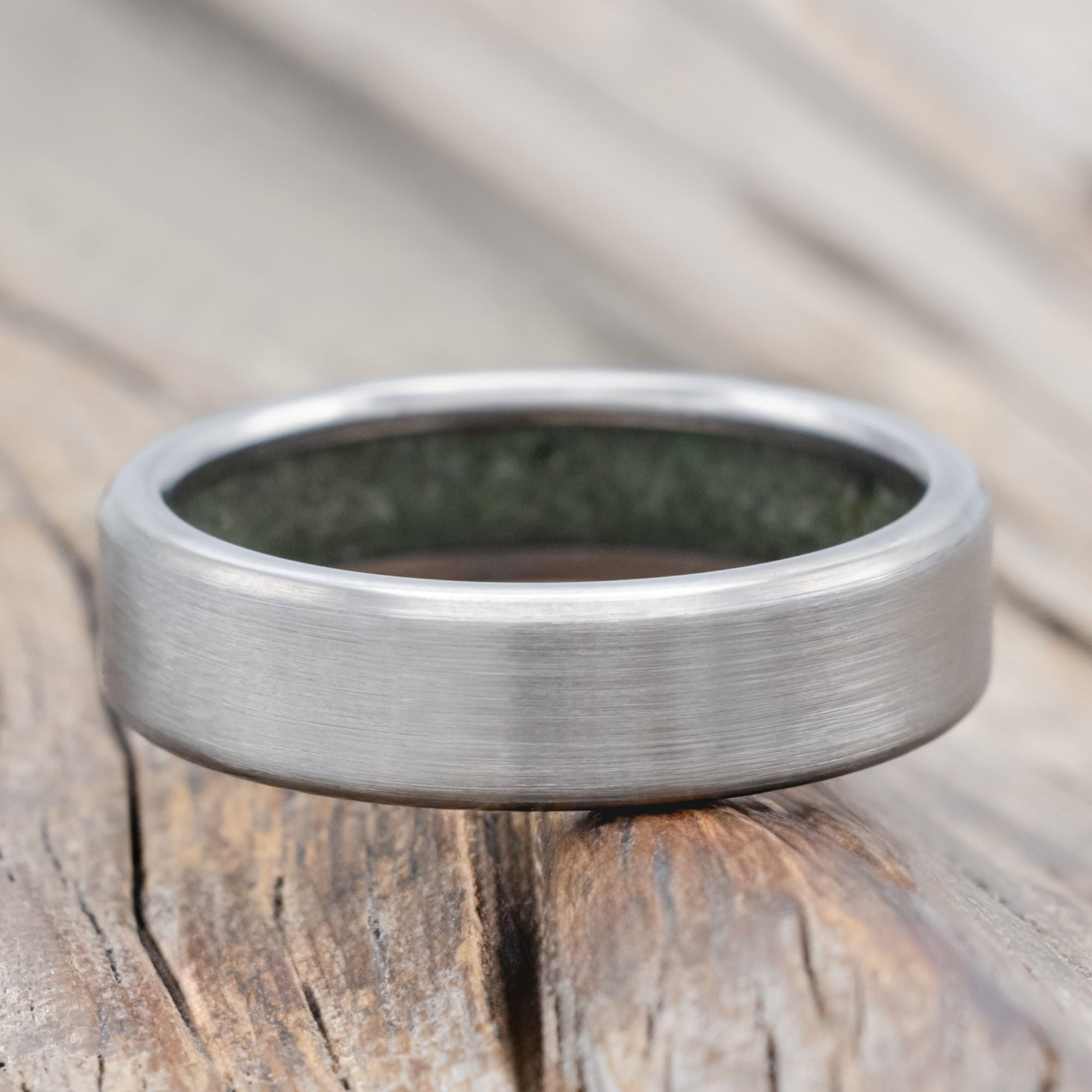 "Hyperion" - Crushed Moss Agate Lined Wedding Band With Custom Finish-Staghead Designs