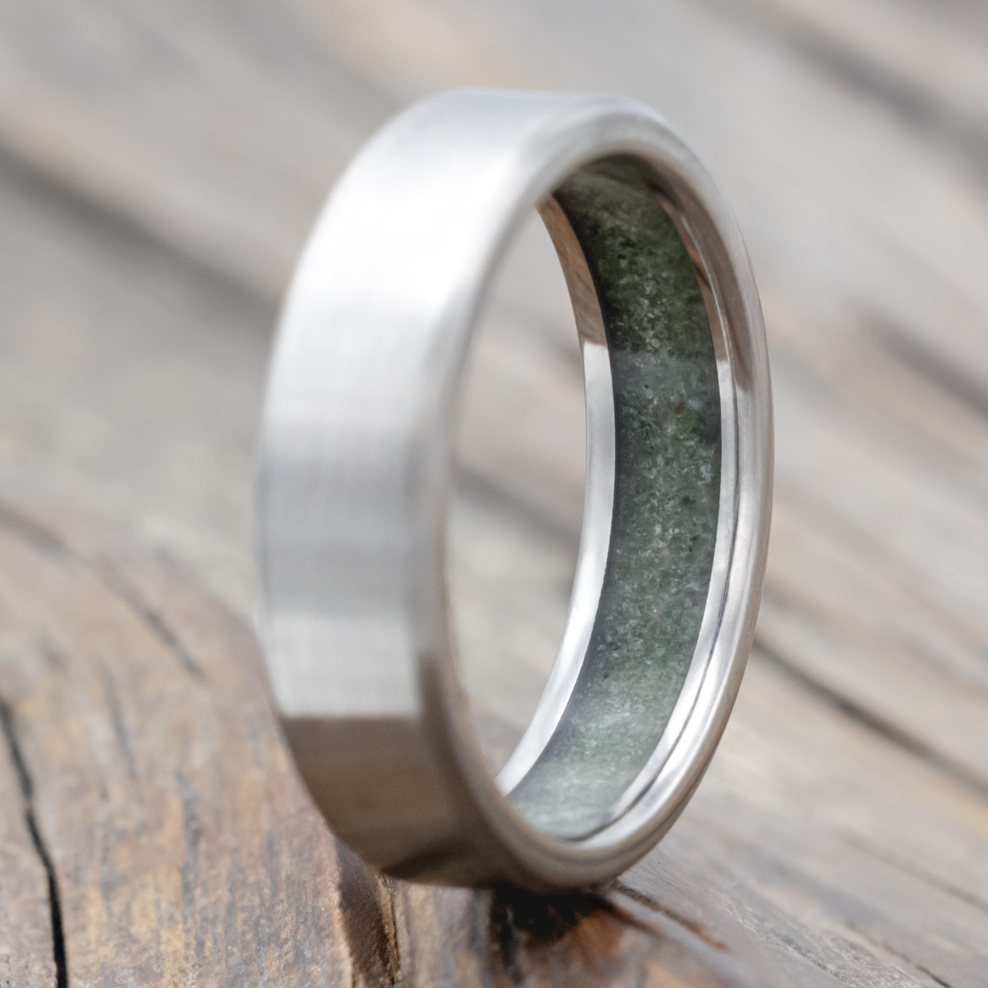 "Hyperion" - Crushed Moss Agate Lined Wedding Band With Custom Finish-Staghead Designs