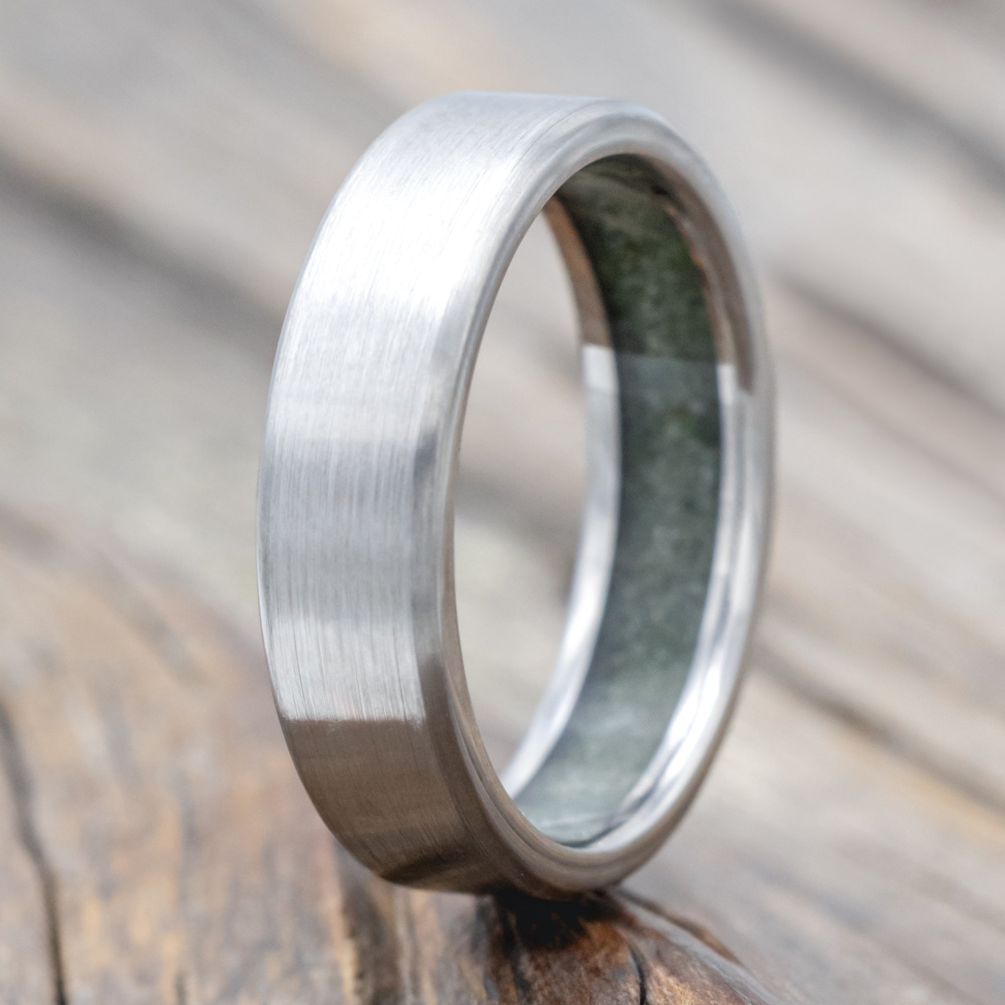 "Hyperion" - Crushed Moss Agate Lined Wedding Band With Custom Finish-Staghead Designs