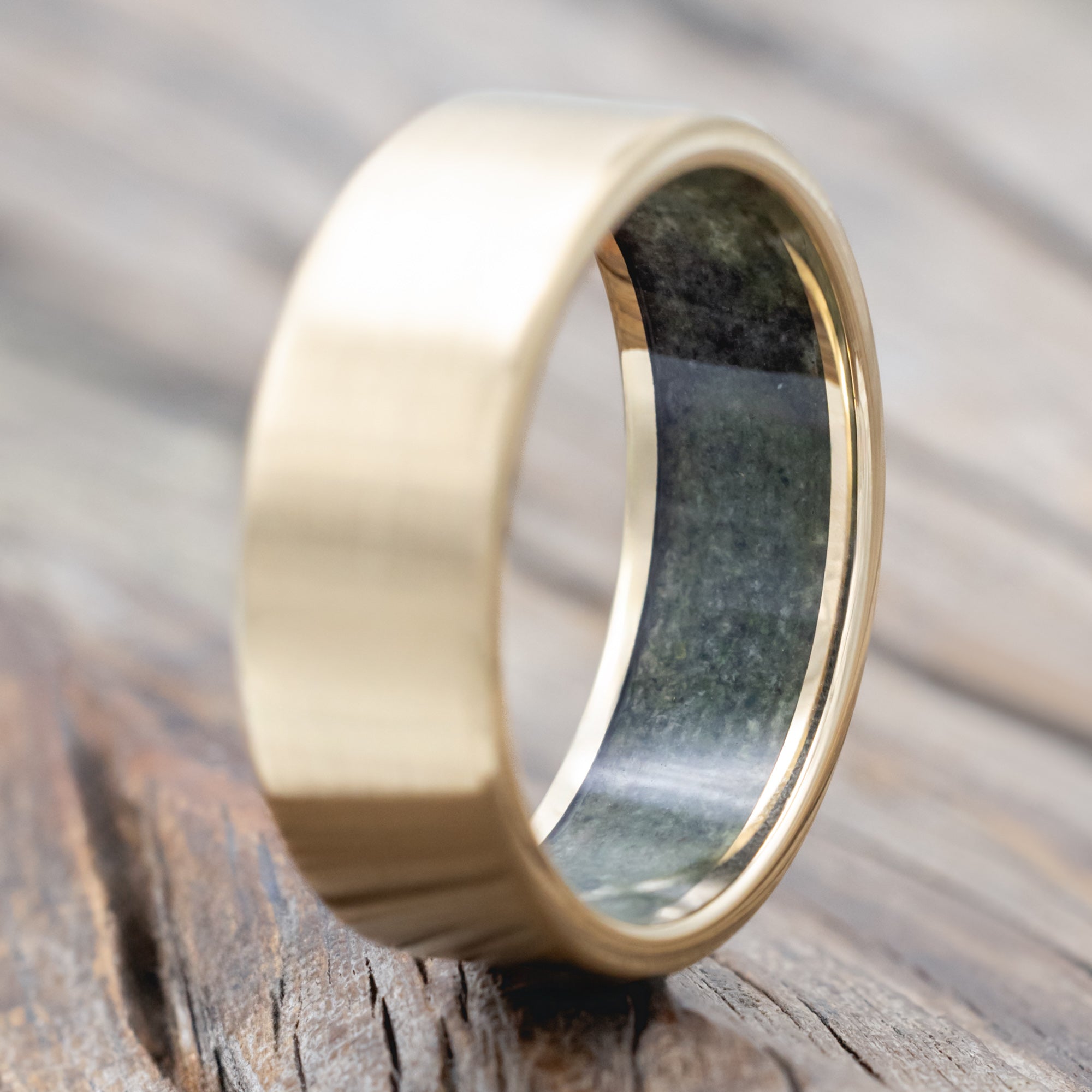 "Hyperion" - Crushed Moss Agate Lined Wedding Band With Custom Finish-Staghead Designs