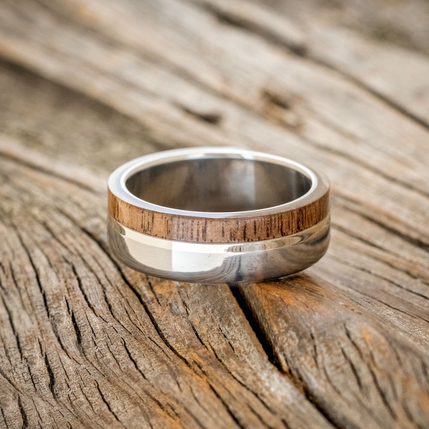 "LEDGER" - BLACK WALNUT WOOD & 14K GOLD INLAY WEDDING BAND-3
