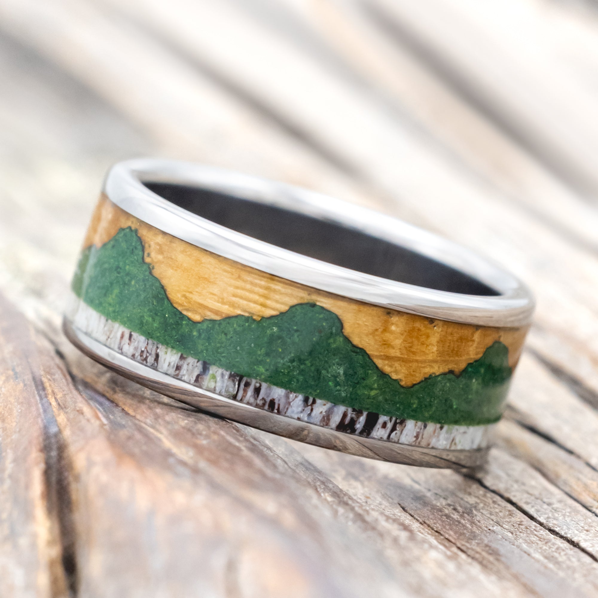 "VOYAGER" - MATCHING SET OF WEDDING BANDS WITH WHISKEY BARREL OAK, MOSS-FILLED MOUNTAINS & ANTLER-Staghead Designs