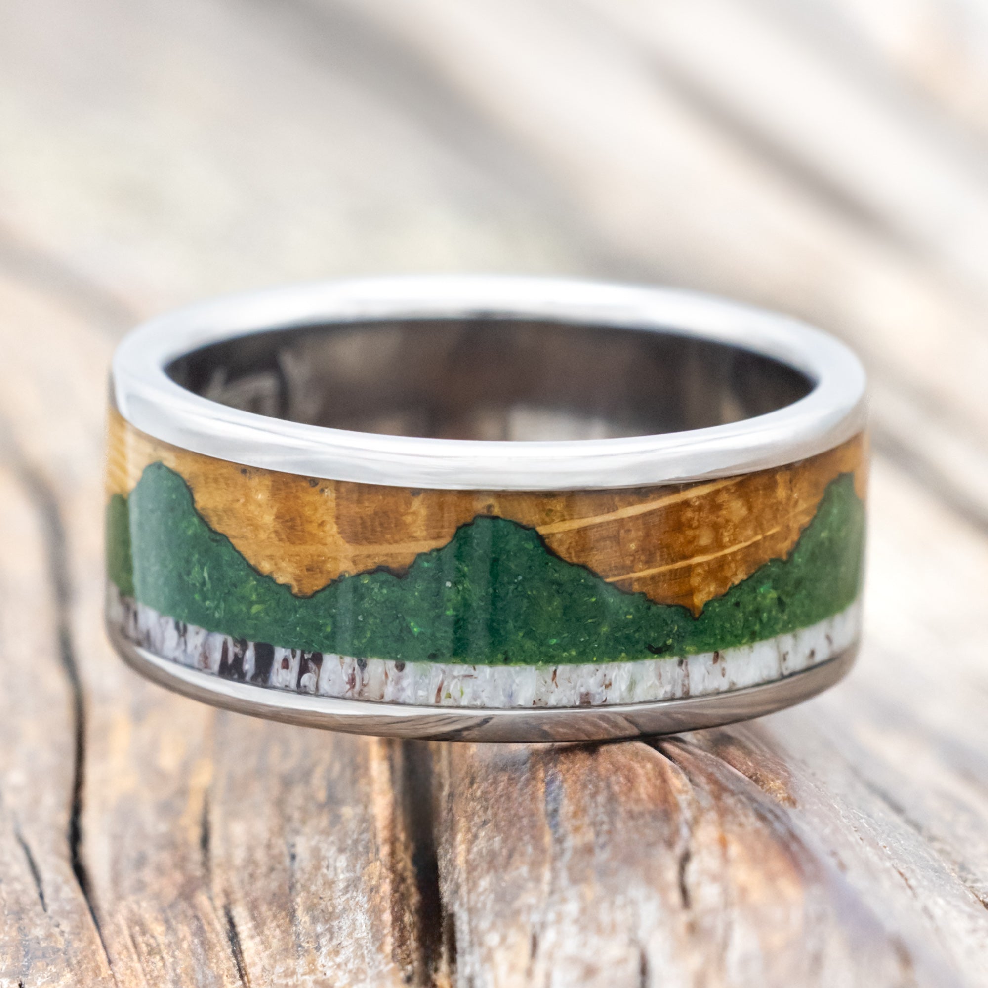 "VOYAGER" - MATCHING SET OF WEDDING BANDS WITH WHISKEY BARREL OAK, MOSS-FILLED MOUNTAINS & ANTLER-Staghead Designs