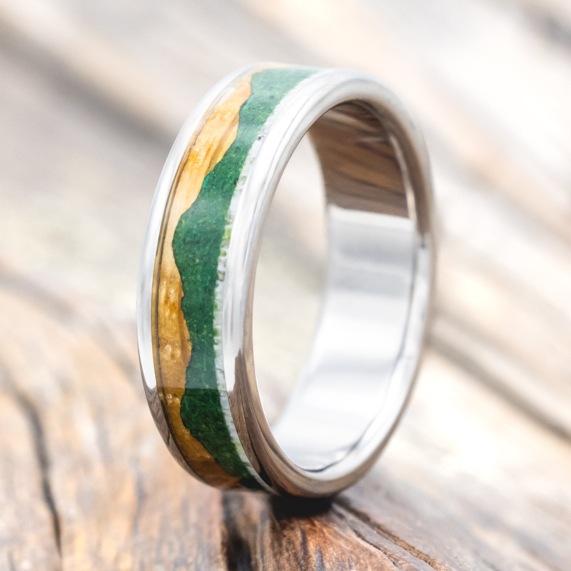 "VOYAGER" - MATCHING SET OF WEDDING BANDS WITH WHISKEY BARREL OAK, MOSS-FILLED MOUNTAINS & ANTLER-Staghead Designs