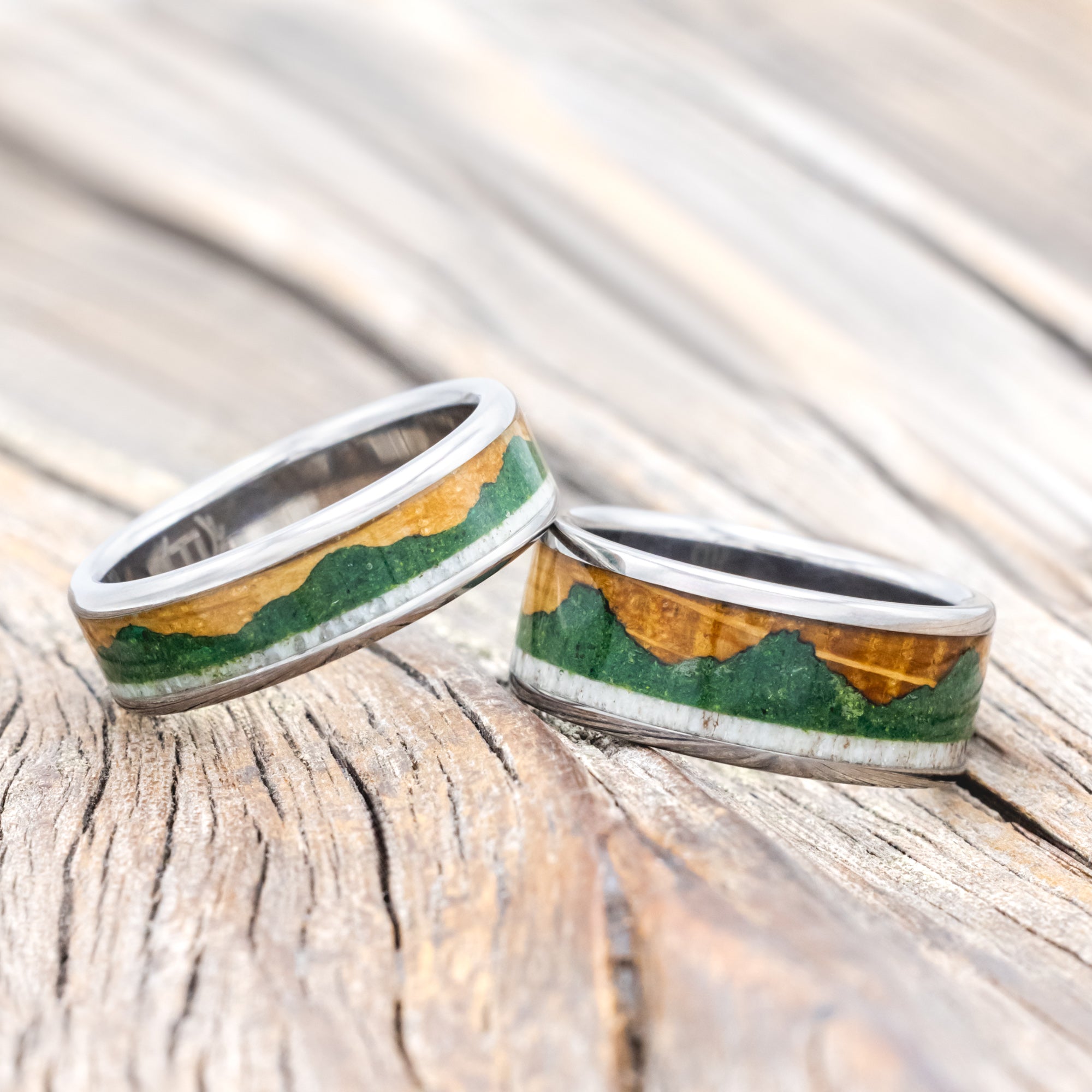 "VOYAGER" - MATCHING SET OF WEDDING BANDS WITH WHISKEY BARREL OAK, MOSS-FILLED MOUNTAINS & ANTLER-Staghead Designs