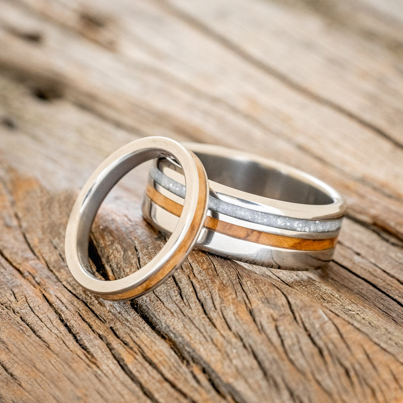 "COSMO" - MATCHING SET OF BETHLEHEM OLIVE WOOD & DIAMOND DUST WEDDING BANDS-1