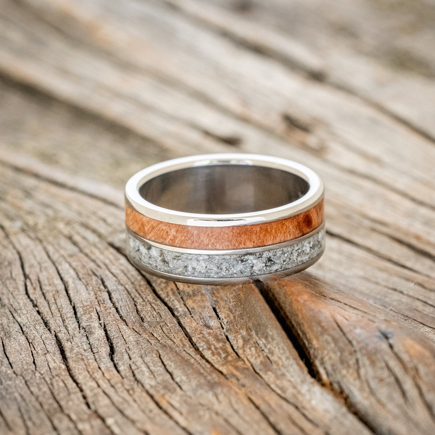 "DYAD" - MATCHING SET OF GRANITE & REDWOOD WEDDING BANDS-4