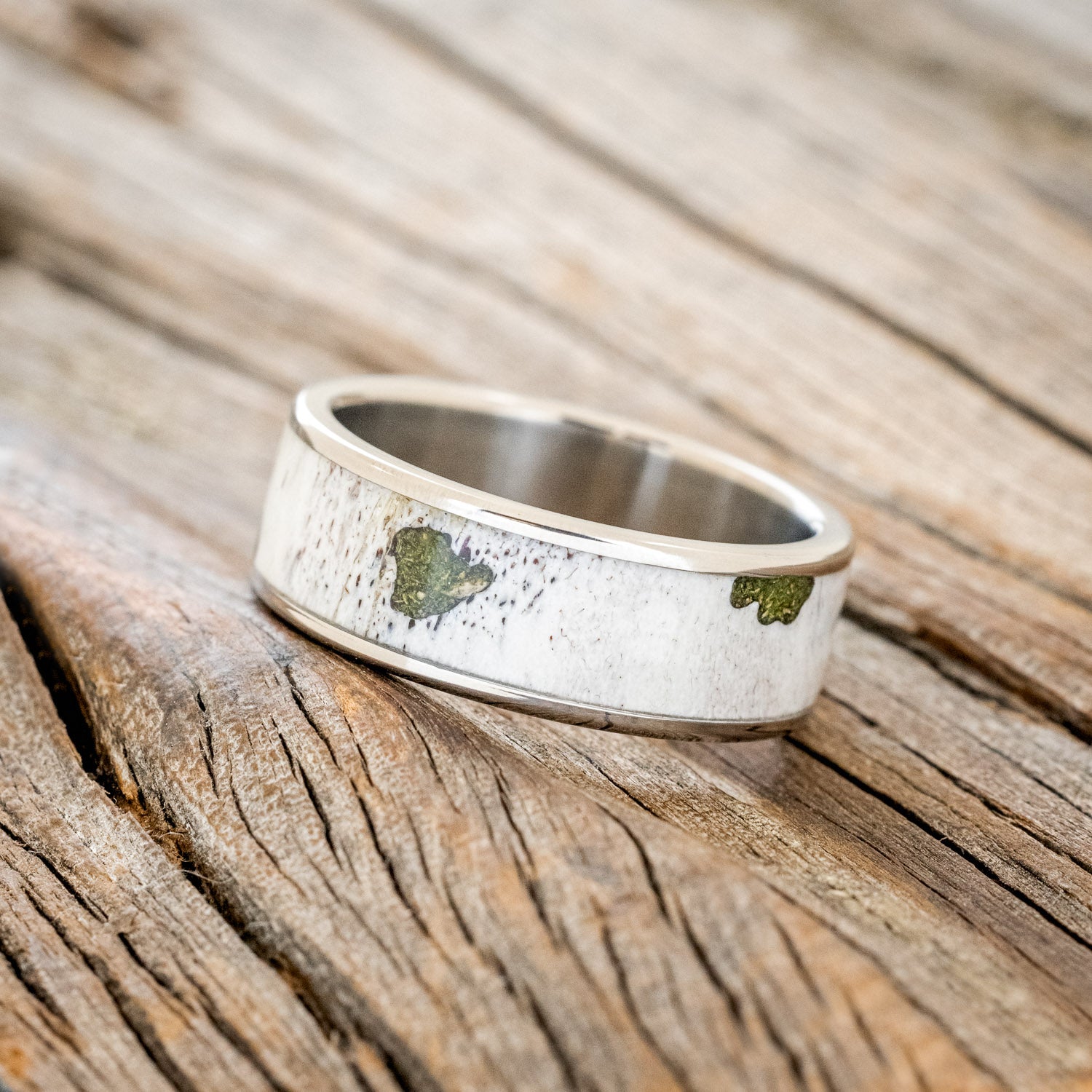 "RAINIER" - MATCHING SET OF MOSS & ANTLER WEDDING BANDS-3