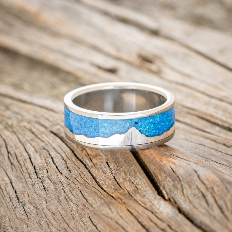 "HELIOS" - BLUE OPAL WITH SILVER MATTERHORN MOUNTAIN RANGE WEDDING BAND-3