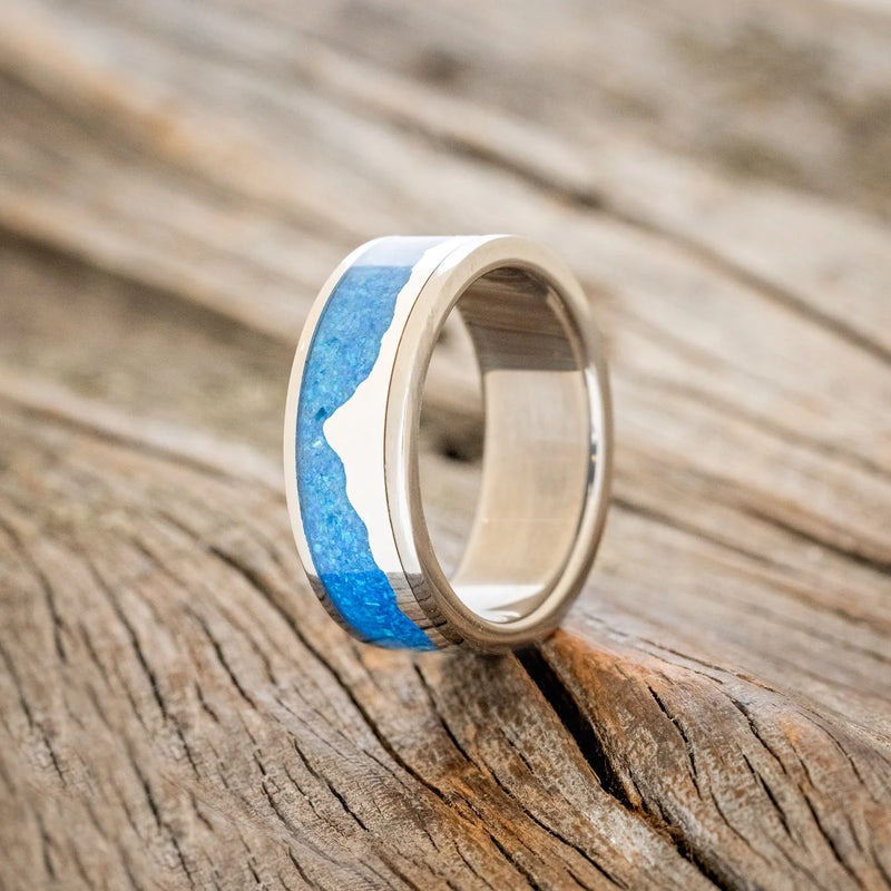 "HELIOS" - BLUE OPAL WITH SILVER MATTERHORN MOUNTAIN RANGE WEDDING BAND - TITANIUM - SIZE 10-2