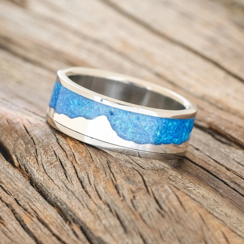 "HELIOS" - BLUE OPAL WITH SILVER MATTERHORN MOUNTAIN RANGE WEDDING BAND - TITANIUM - SIZE 10-1