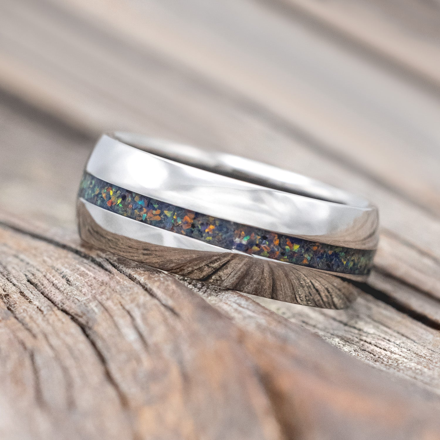 "NIRVANA" - DOMED WEDDING BAND WITH BLACK FIRE OPAL INLAY-Staghead Designs