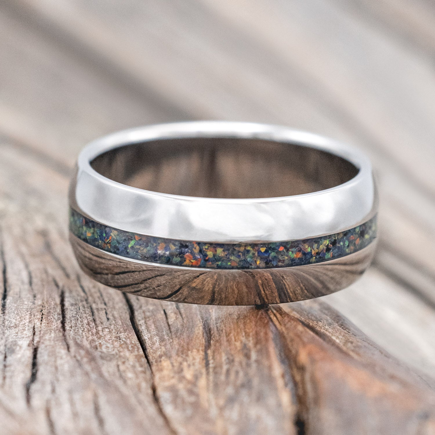 "NIRVANA" - DOMED WEDDING BAND WITH BLACK FIRE OPAL INLAY-Staghead Designs
