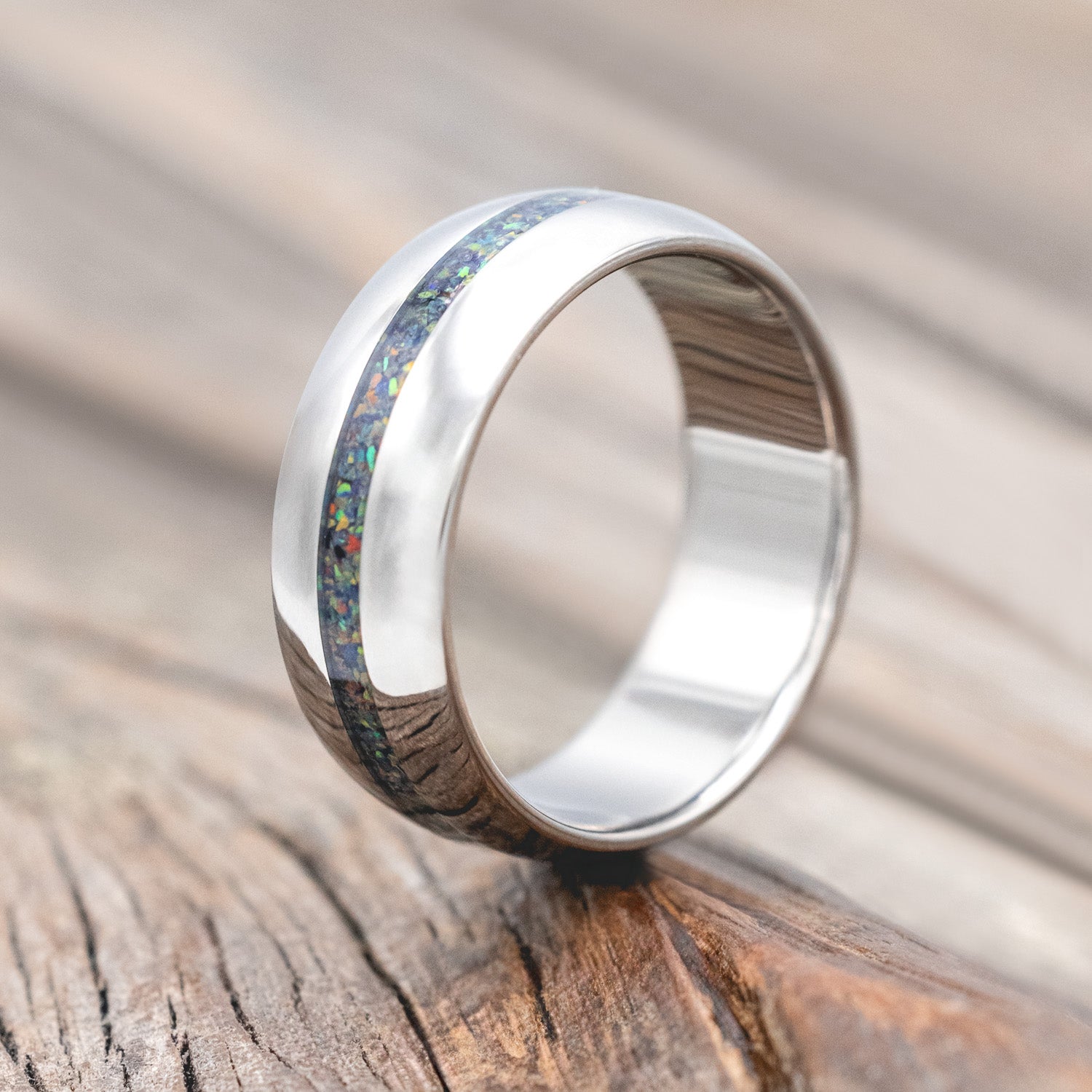 "NIRVANA" - DOMED WEDDING BAND WITH BLACK FIRE OPAL INLAY-Staghead Designs