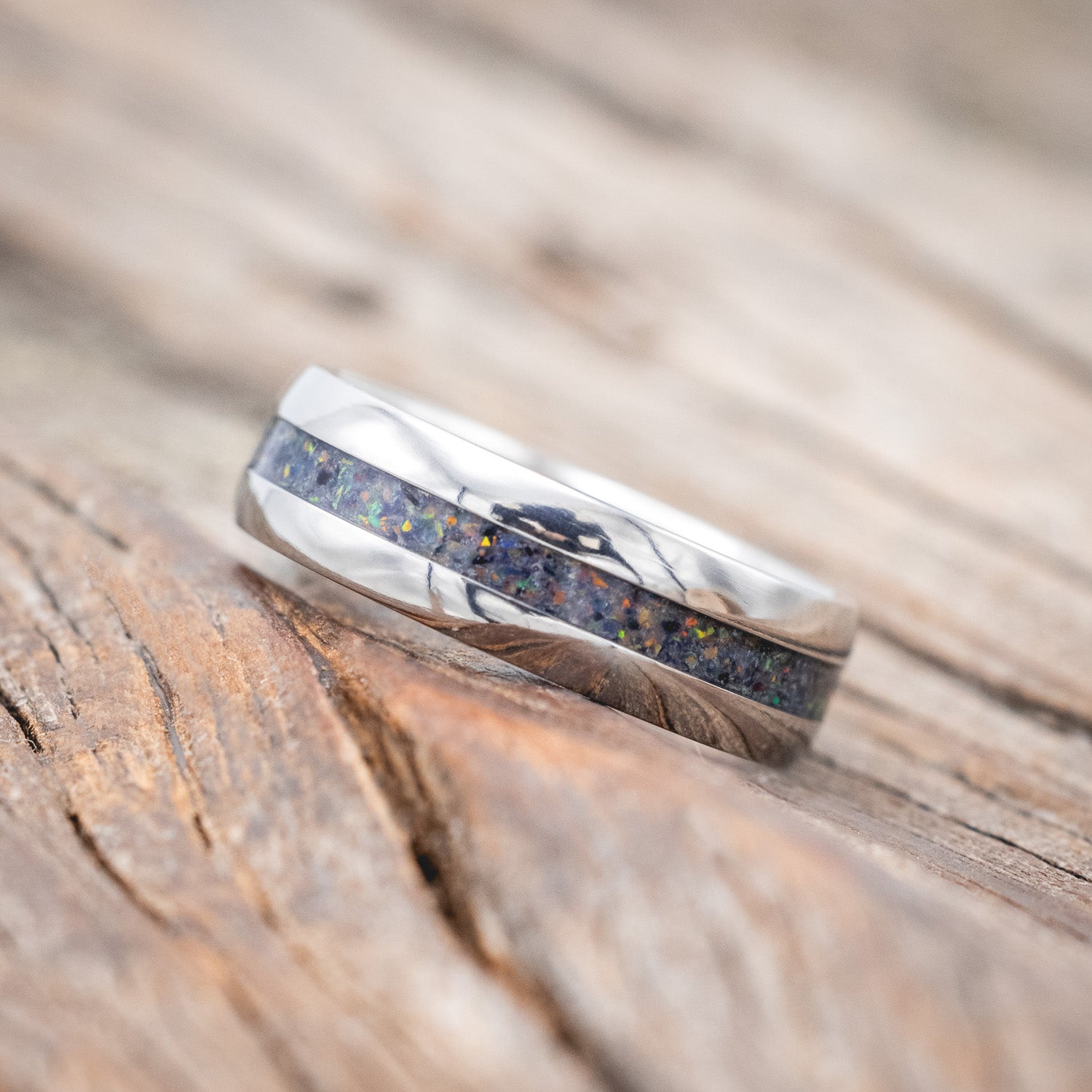 "NIRVANA" - DOMED WEDDING BAND WITH BLACK FIRE OPAL INLAY-Staghead Designs