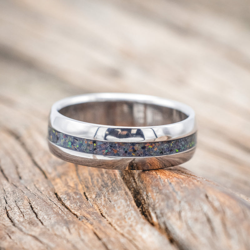 "NIRVANA" - DOMED WEDDING BAND WITH BLACK FIRE OPAL INLAY