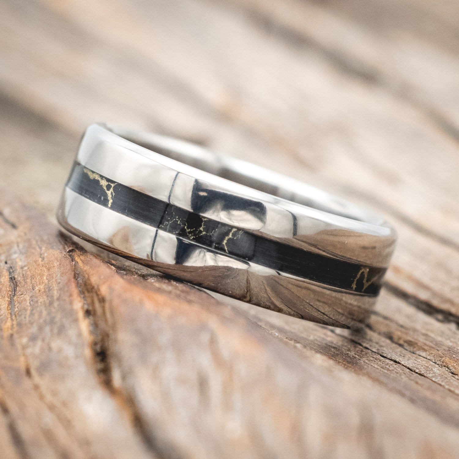 "NIRVANA" - MATCHING SET OF BLACK & GOLD MATRIX TRUSTONE WEDDING BANDS-Staghead Designs
