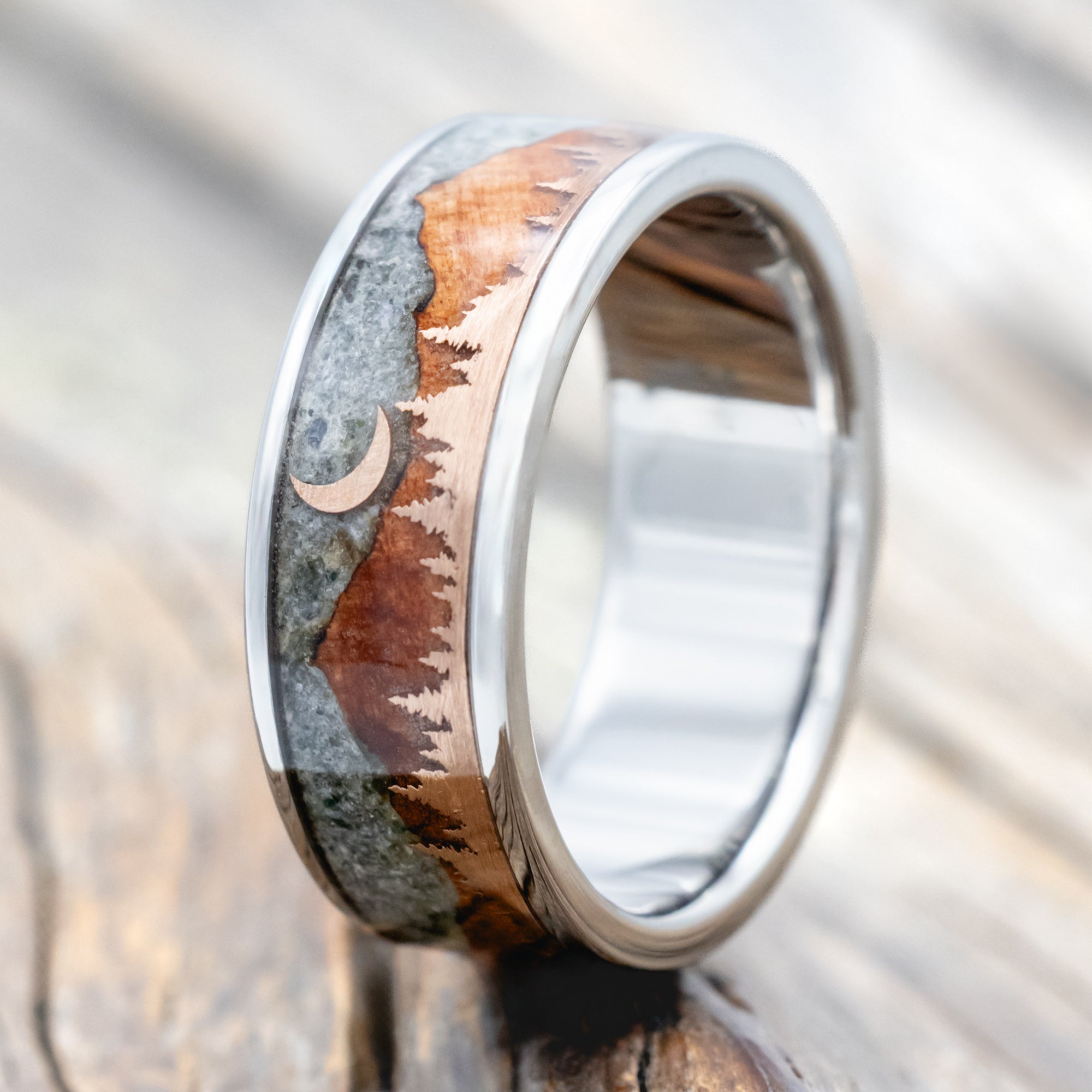 "ORION" - MOSS AGATE & REDWOOD MOUNTAIN RANGE WEDDING BAND WITH 14K GOLD TREE & CRESCENT MOON ACCENTS-Staghead Designs