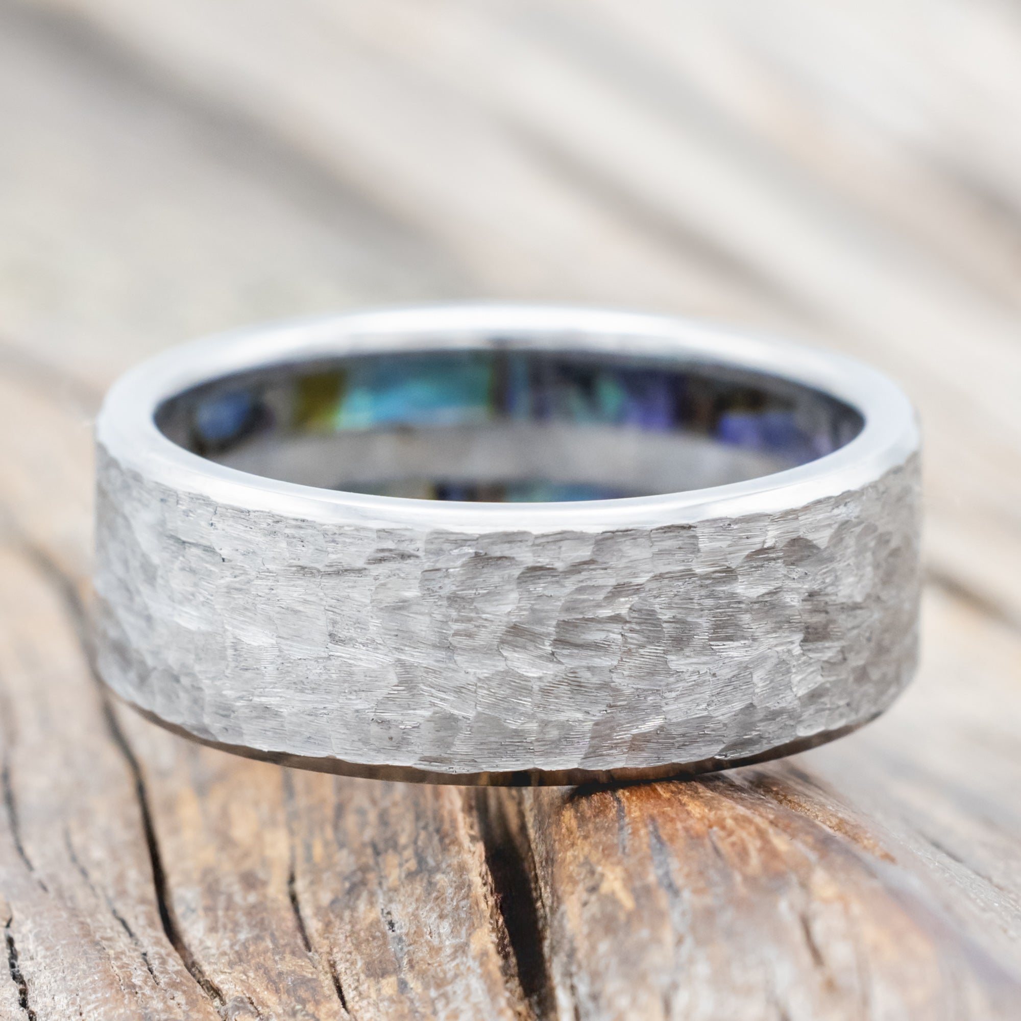 PAUA SHELL & MOTHER OF PEARL LINED WEDDING RING FEATURING A HAMMERED FINISH-Staghead Designs