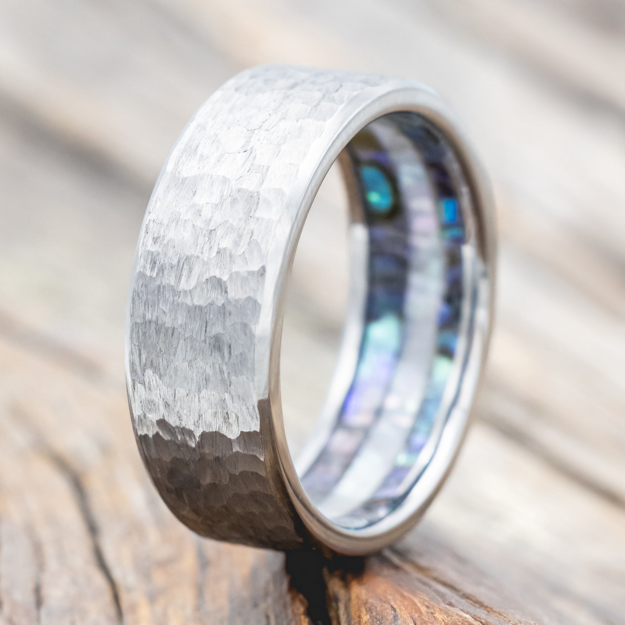 PAUA SHELL & MOTHER OF PEARL LINED WEDDING RING FEATURING A HAMMERED FINISH-Staghead Designs